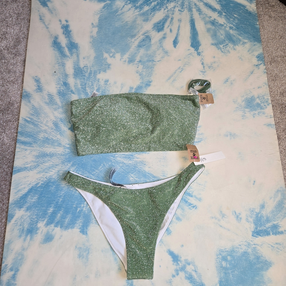 PINK Victoria's Secret Sparkle Green Bandeau Bikini Set